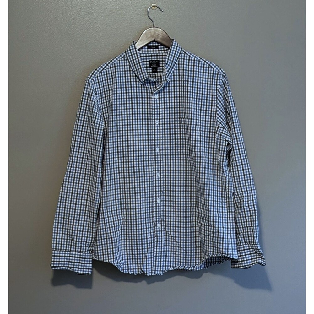 J. Crew Mens Large Slim Fit Blue Check Dress Shirt Stretch Flex Long Sleeve